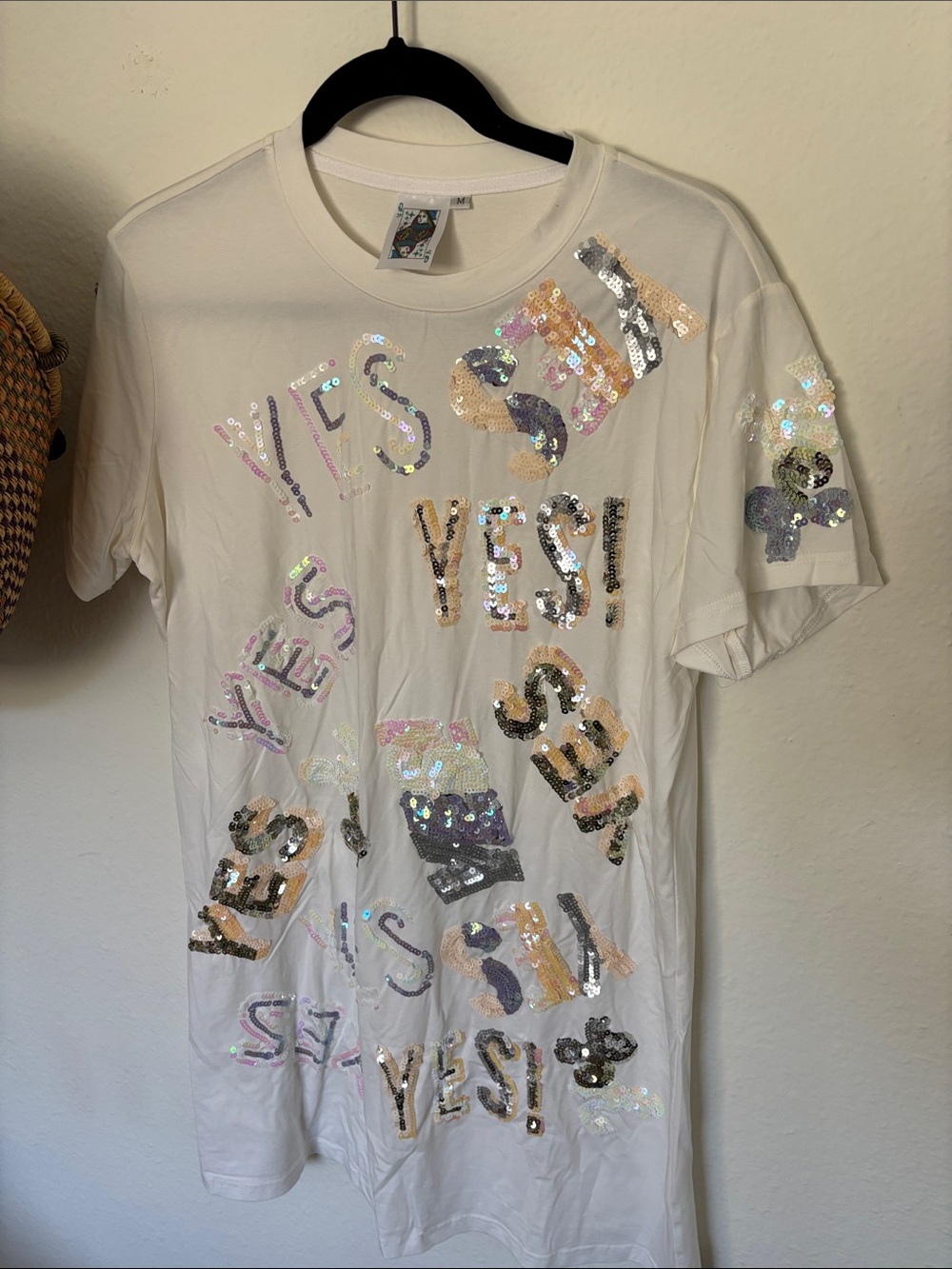 Sequin 'YES!' Graphic Tee - White
